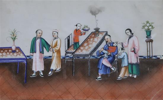 19th Century Chinese School, three gouaches on pith paper, 19 x 30cm.